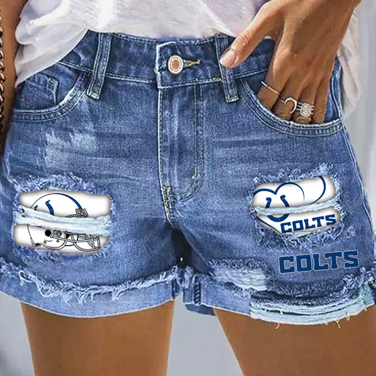 Indianapolis Colts Rip Print Fashion Denim Shorts