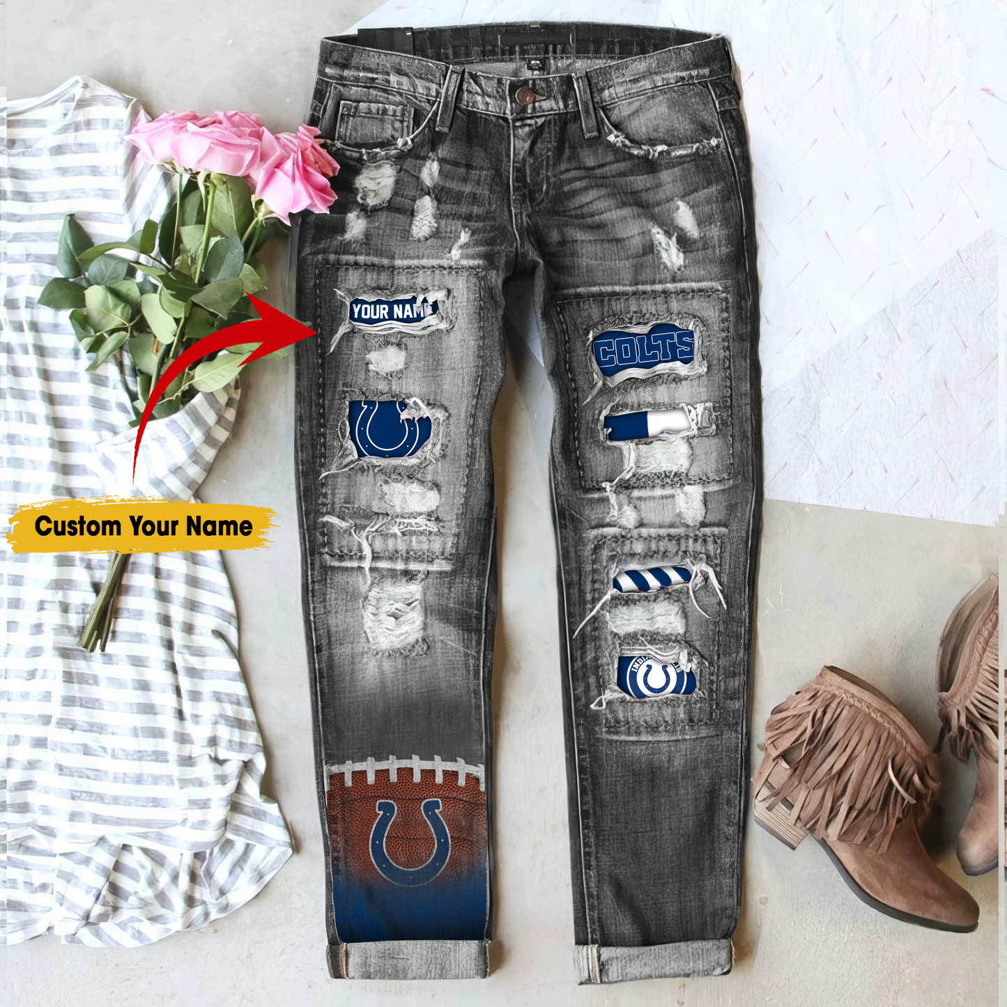 Indianapolis Colts STRETCH RIPPED FRAYED RAW HEM DISTRESSED DENIM JEANS WITH HOLE