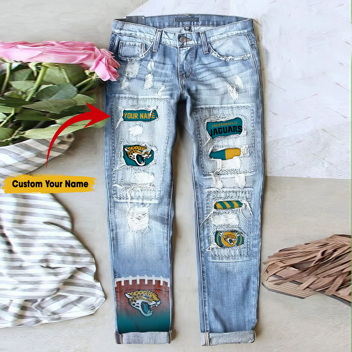 Jacksonville Jaguars STRETCH RIPPED FRAYED RAW HEM DISTRESSED DENIM JEANS WITH HOLE