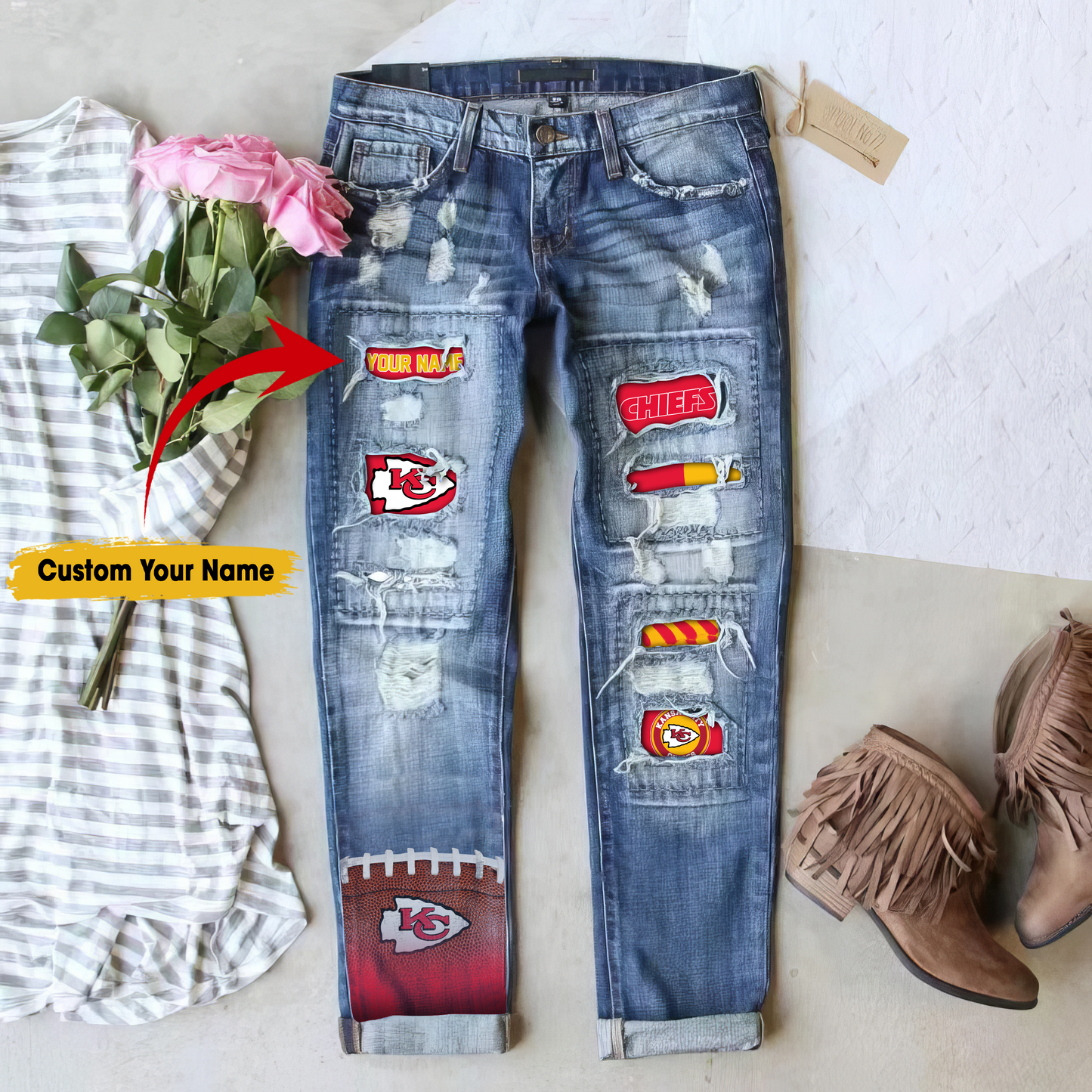 Kansas City Chiefs STRETCH RIPPED FRAYED RAW HEM DISTRESSED DENIM JEANS WITH HOLE