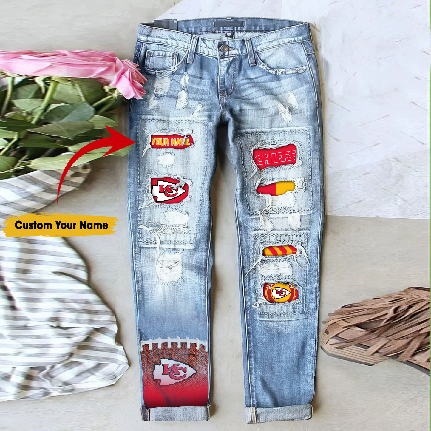 Kansas City Chiefs STRETCH RIPPED FRAYED RAW HEM DISTRESSED DENIM JEANS WITH HOLE