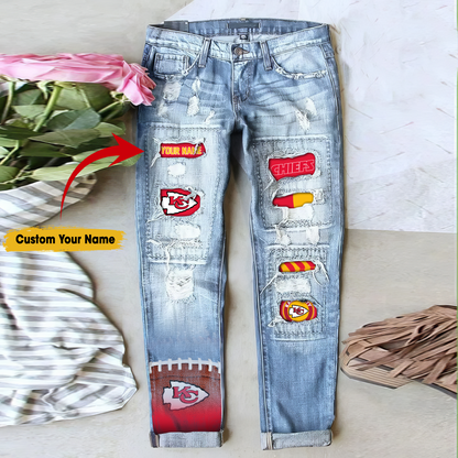 Kansas City Chiefs STRETCH RIPPED FRAYED RAW HEM DISTRESSED DENIM JEANS WITH HOLE