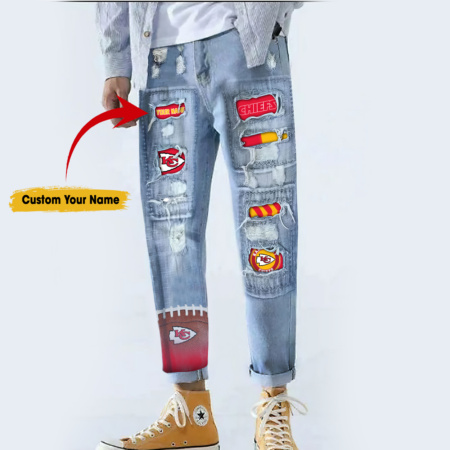 Kansas City Chiefs STRETCH RIPPED FRAYED RAW HEM DISTRESSED DENIM JEANS WITH HOLE