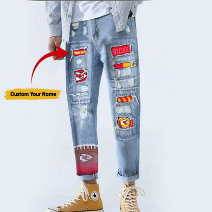 Kansas City Chiefs STRETCH RIPPED FRAYED RAW HEM DISTRESSED DENIM JEANS WITH HOLE