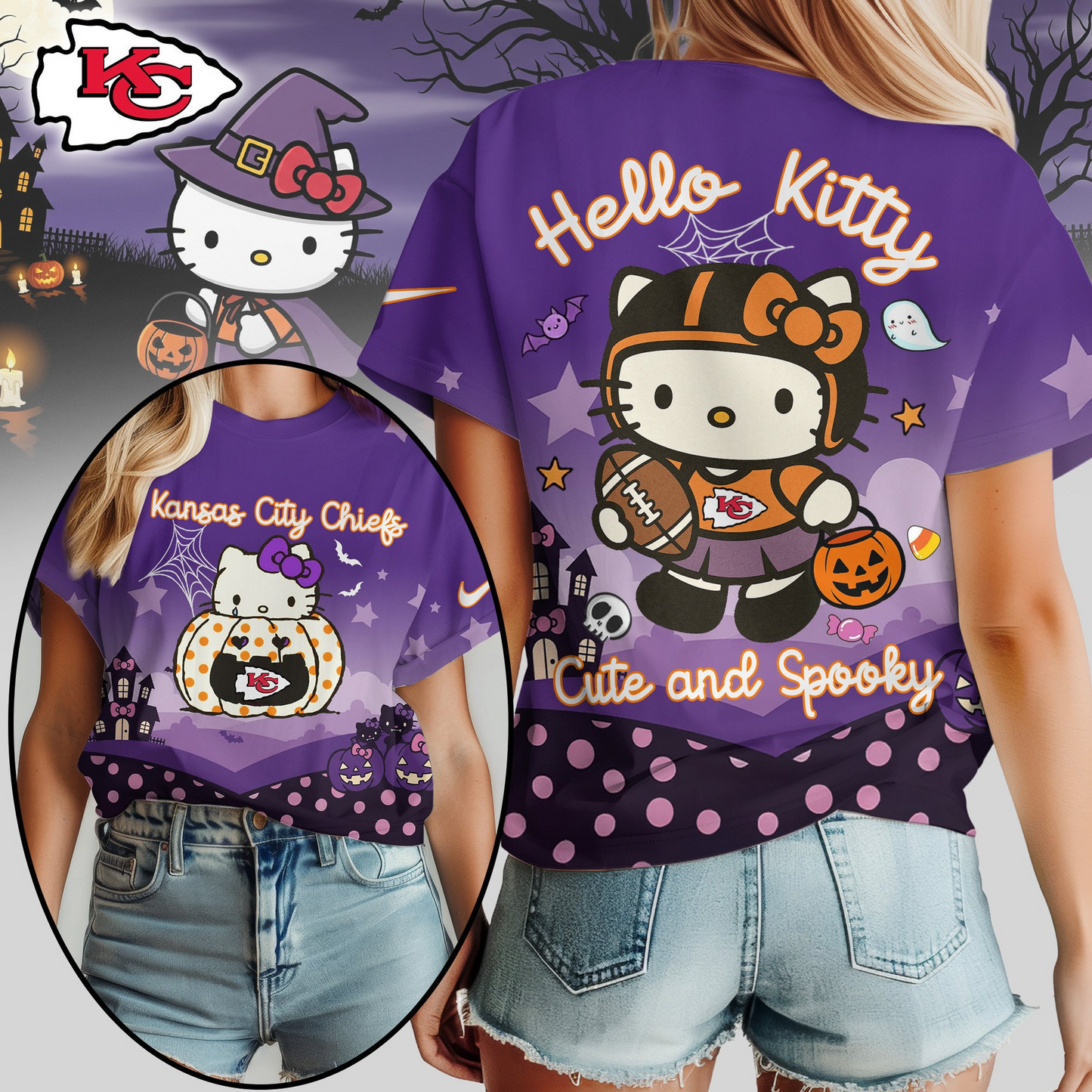 KCC Premium NFL Hello Kitty Cute & Spooky Halloween Women Shirt DDT CTND