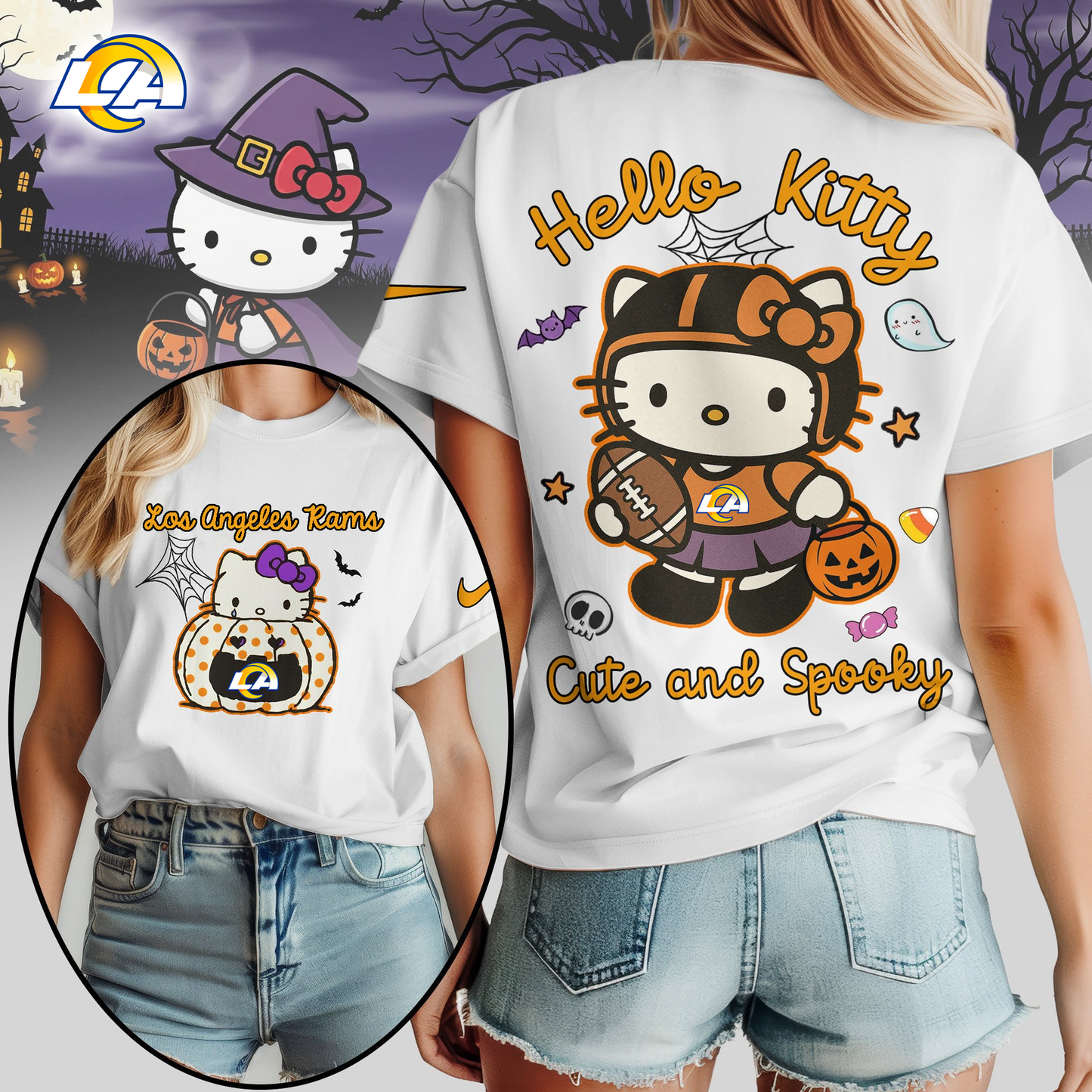 LAR Premium NFL Hello Kitty Cute & Spooky Halloween Women Shirt DDT CTND