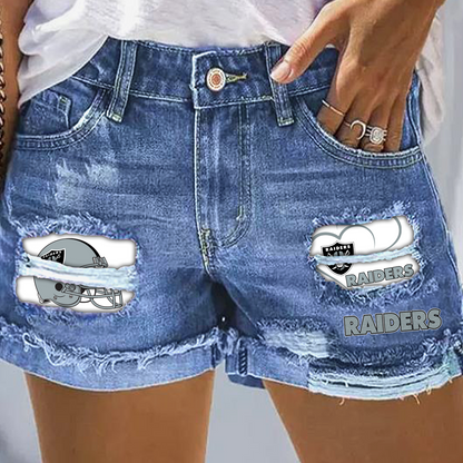 Las Vegas Raiders Rip Print Fashion Denim Shorts