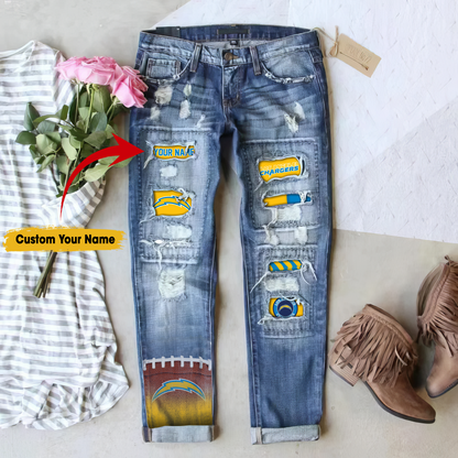 Los Angeles Chargers STRETCH RIPPED FRAYED RAW HEM DISTRESSED DENIM JEANS WITH HOLE