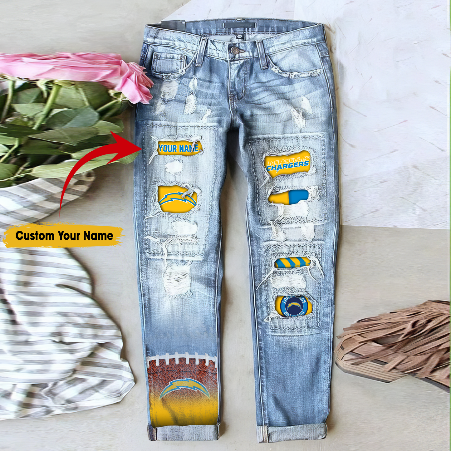 Los Angeles Chargers STRETCH RIPPED FRAYED RAW HEM DISTRESSED DENIM JEANS WITH HOLE