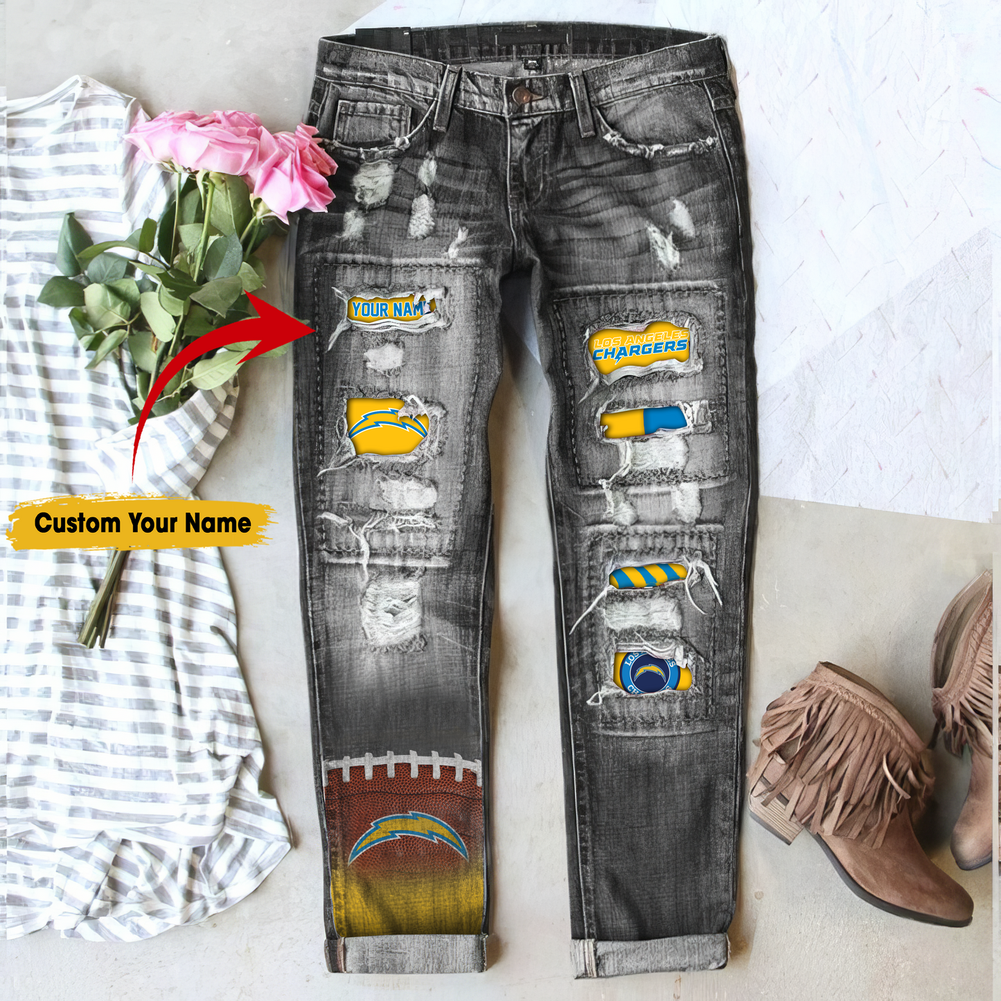 Los Angeles Chargers STRETCH RIPPED FRAYED RAW HEM DISTRESSED DENIM JEANS WITH HOLE