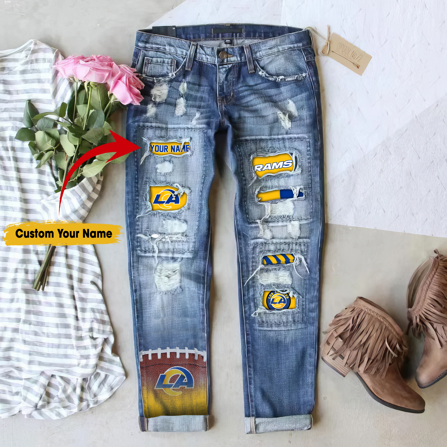 Los Angeles Rams STRETCH RIPPED FRAYED RAW HEM DISTRESSED DENIM JEANS WITH HOLE