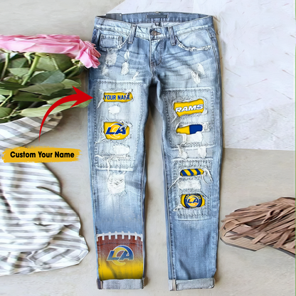 Los Angeles Rams STRETCH RIPPED FRAYED RAW HEM DISTRESSED DENIM JEANS WITH HOLE