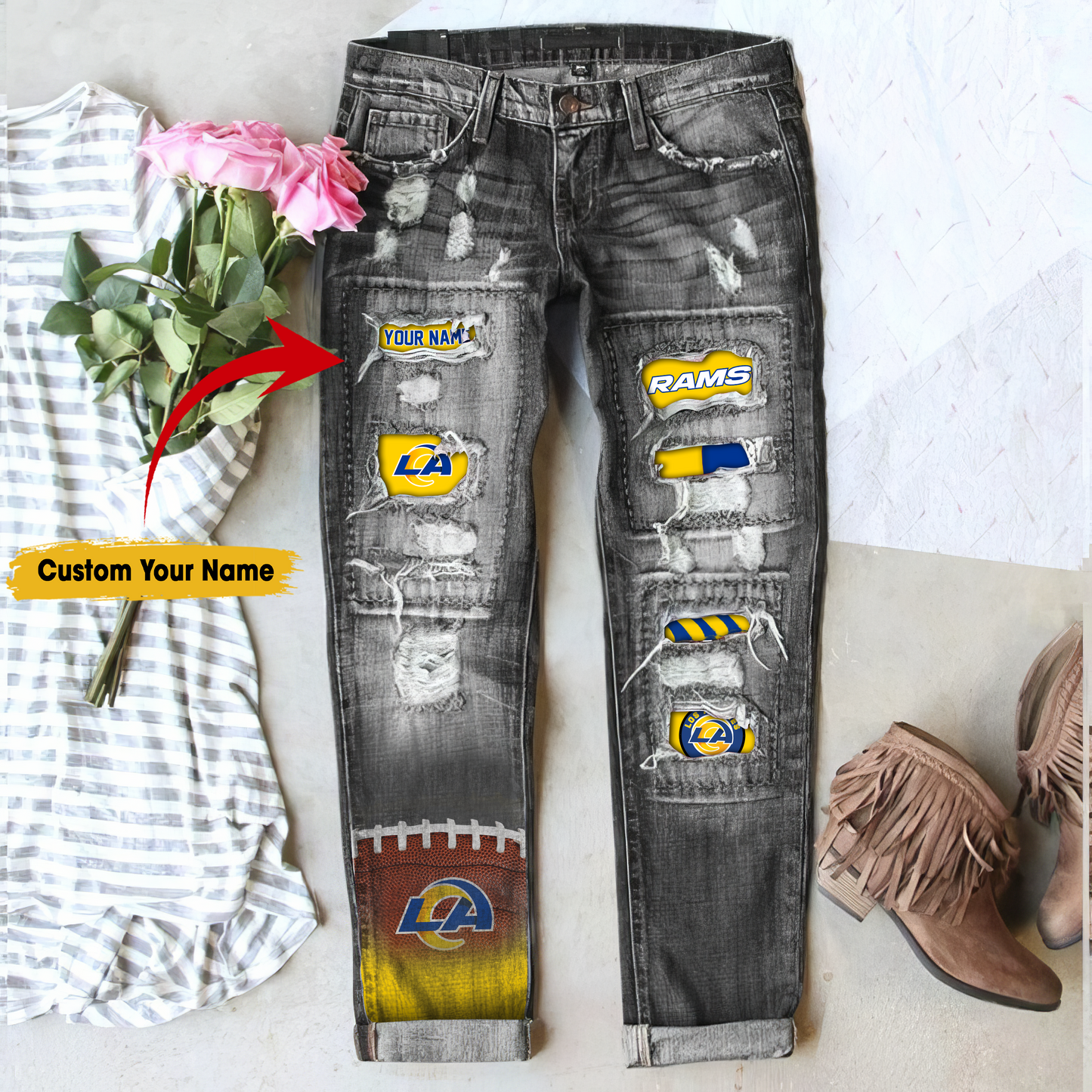 Los Angeles Rams STRETCH RIPPED FRAYED RAW HEM DISTRESSED DENIM JEANS WITH HOLE
