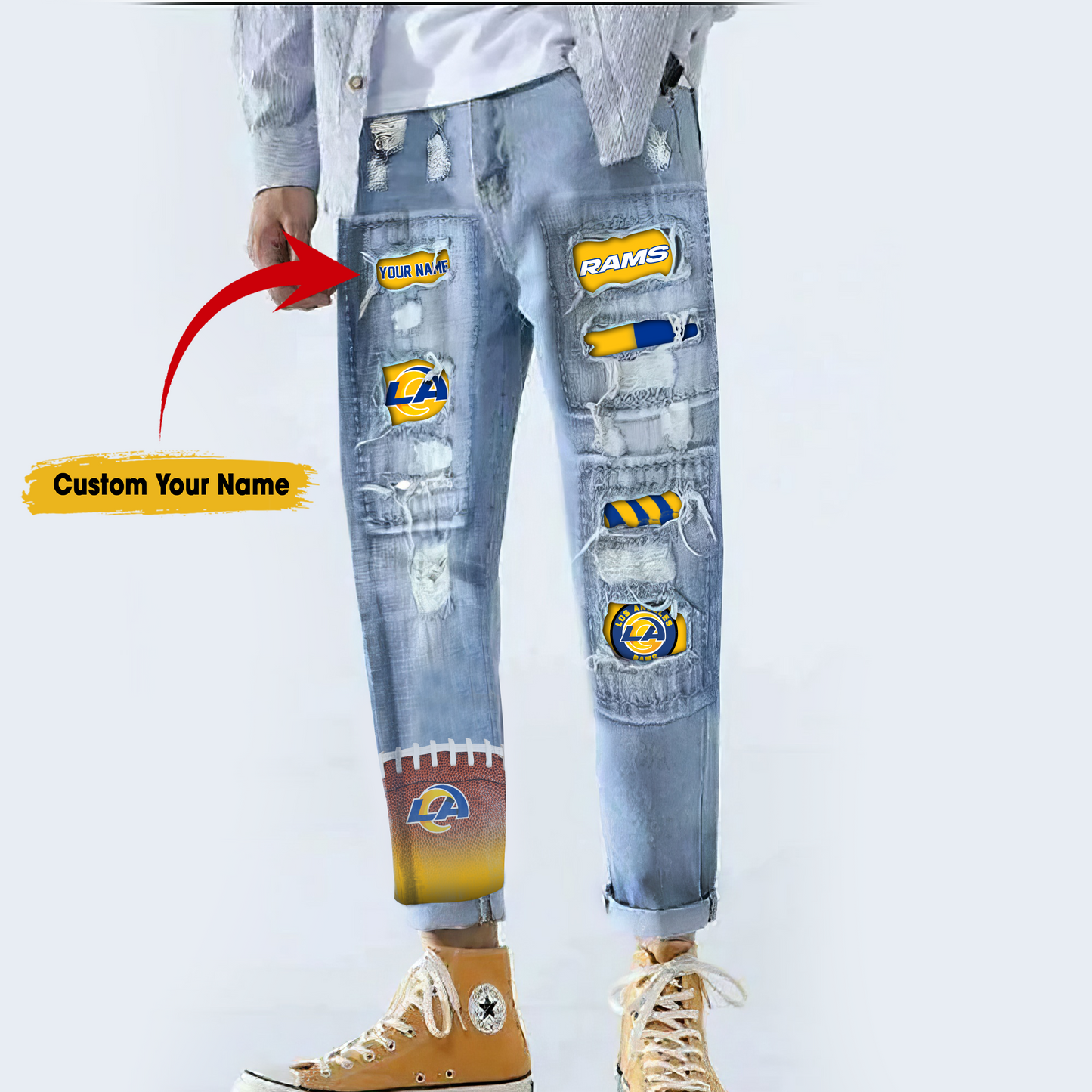 Los Angeles Rams STRETCH RIPPED FRAYED RAW HEM DISTRESSED DENIM JEANS WITH HOLE