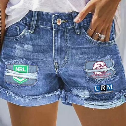 Manly Sea Eagles NRL 2025 Print Fashion Denim Shorts TM NTA V1