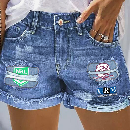 Manly Sea Eagles NRL 2025 Print Fashion Denim Shorts TM NTA V1