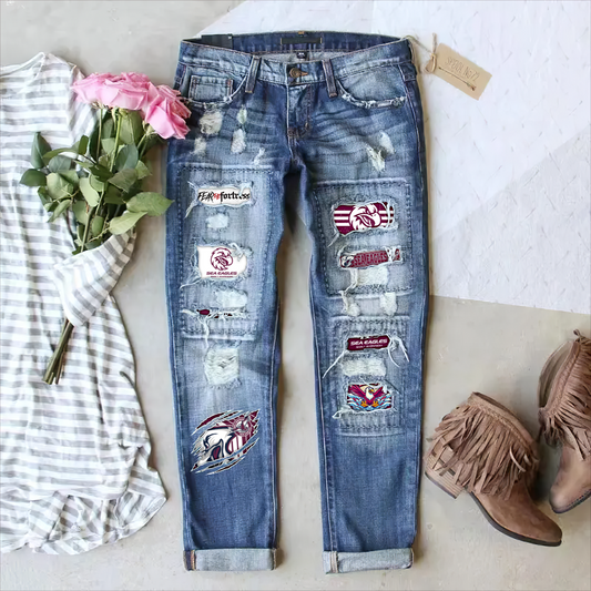 Manly Sea Eagles NRL 2025 Stretch Ripped Frayed Raw Hem Distressed Denim Jeans With Hole TM NTA V1