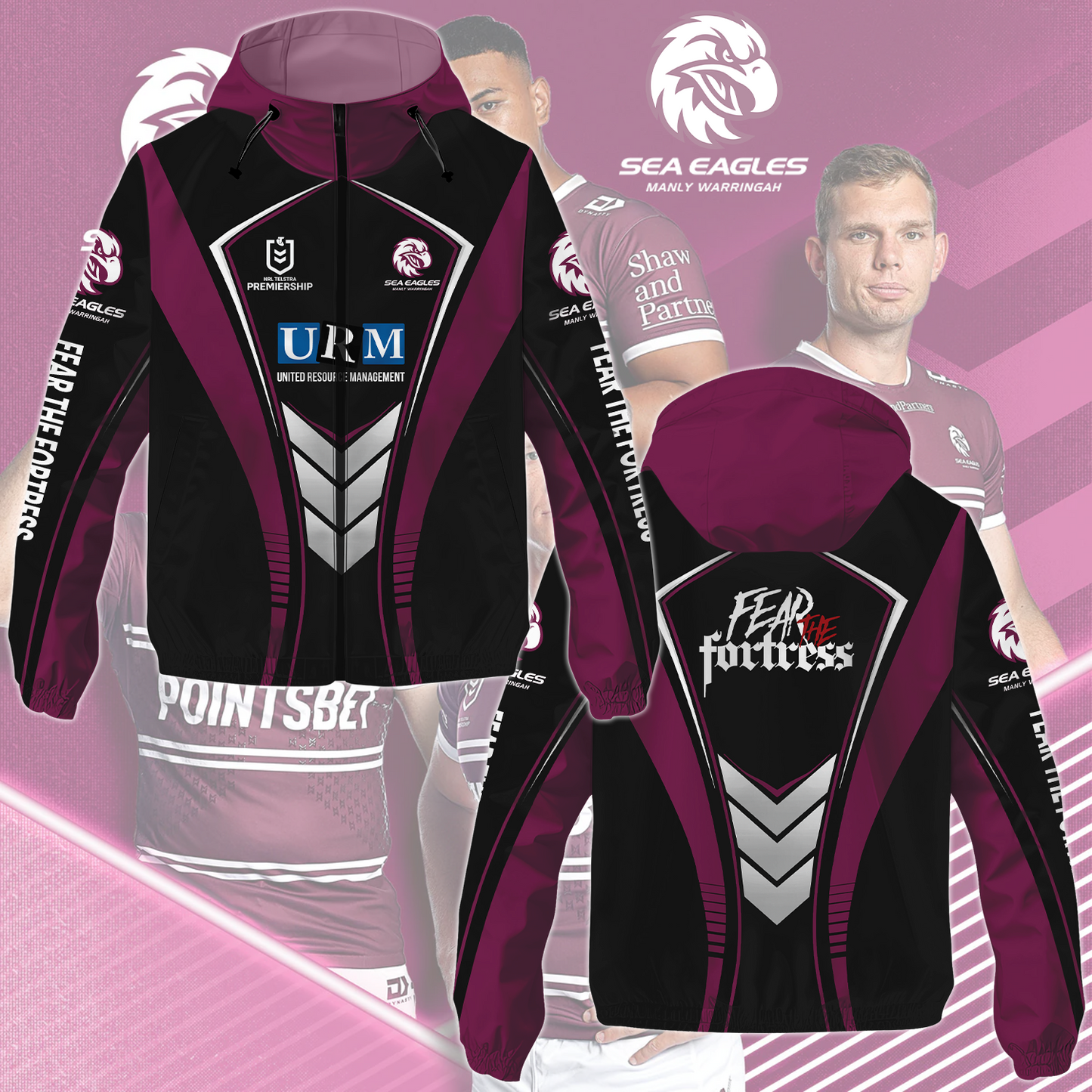 Manly Warringah Sea Eagles 15 NRL 2025 Fear The Fortress Windbreaker Jacket TM NTA V2