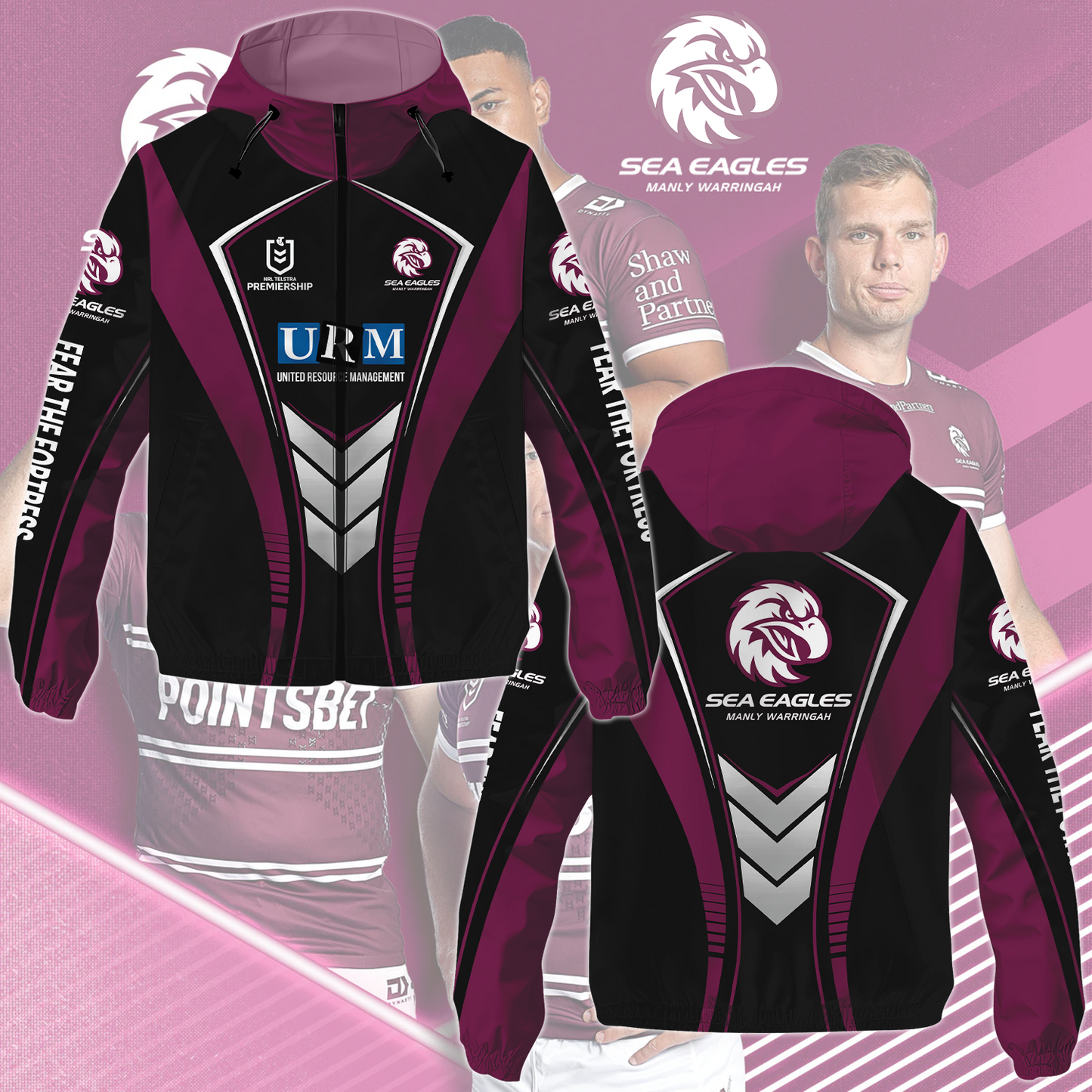Manly Warringah Sea Eagles 16 NRL 2025 Fear The Fortress Windbreaker Jacket TM NTA V2