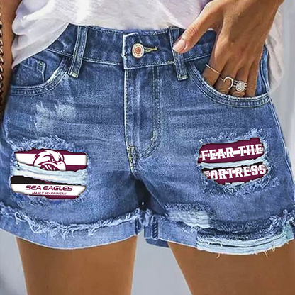 Manly Warringah Sea Eagles NRL 2025 Rip Print Fashion Denim Shorts TM NTA V2