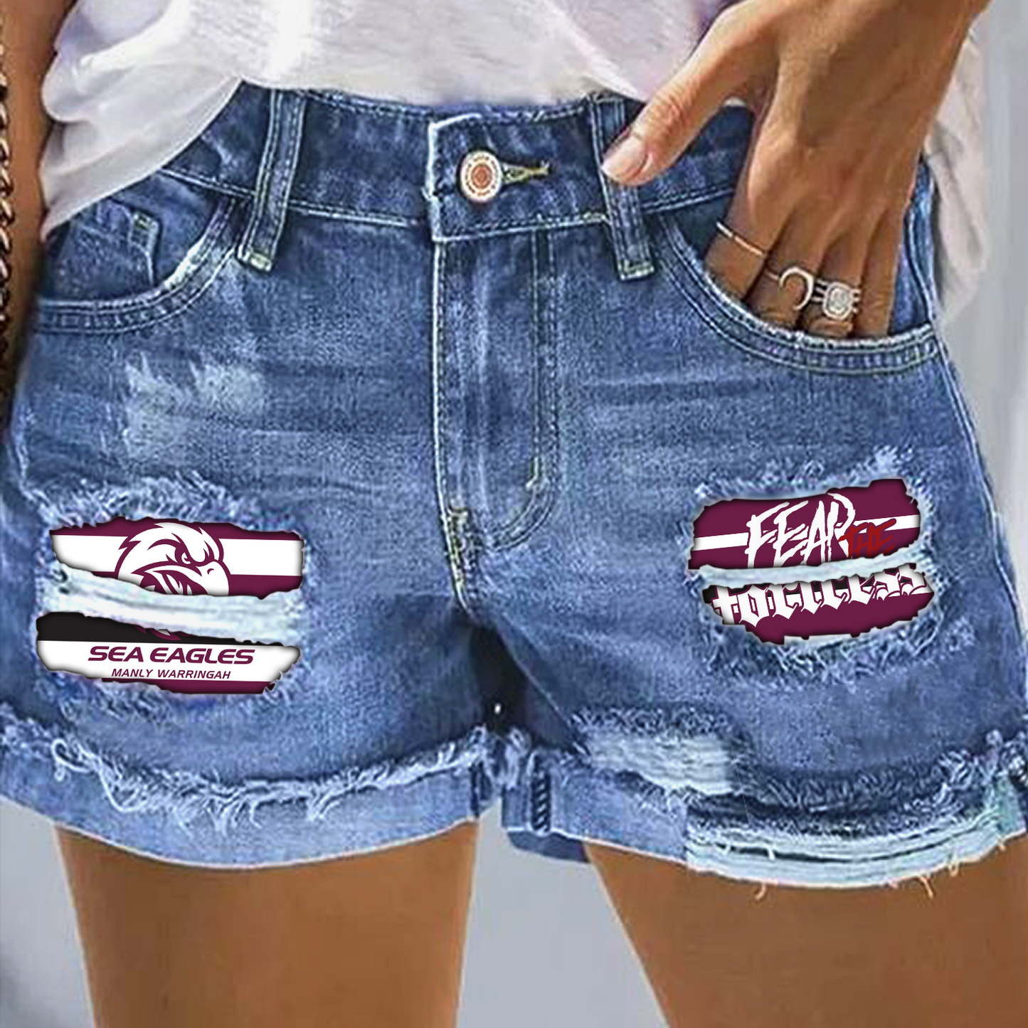 Manly Warringah Sea Eagles NRL 2025 Rip Print Fashion Denim Shorts TM NTA V3
