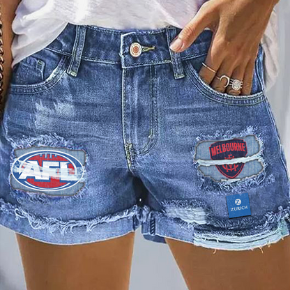 Melbourne Demons AFL 2025 Print Fashion Denim Shorts TM V1