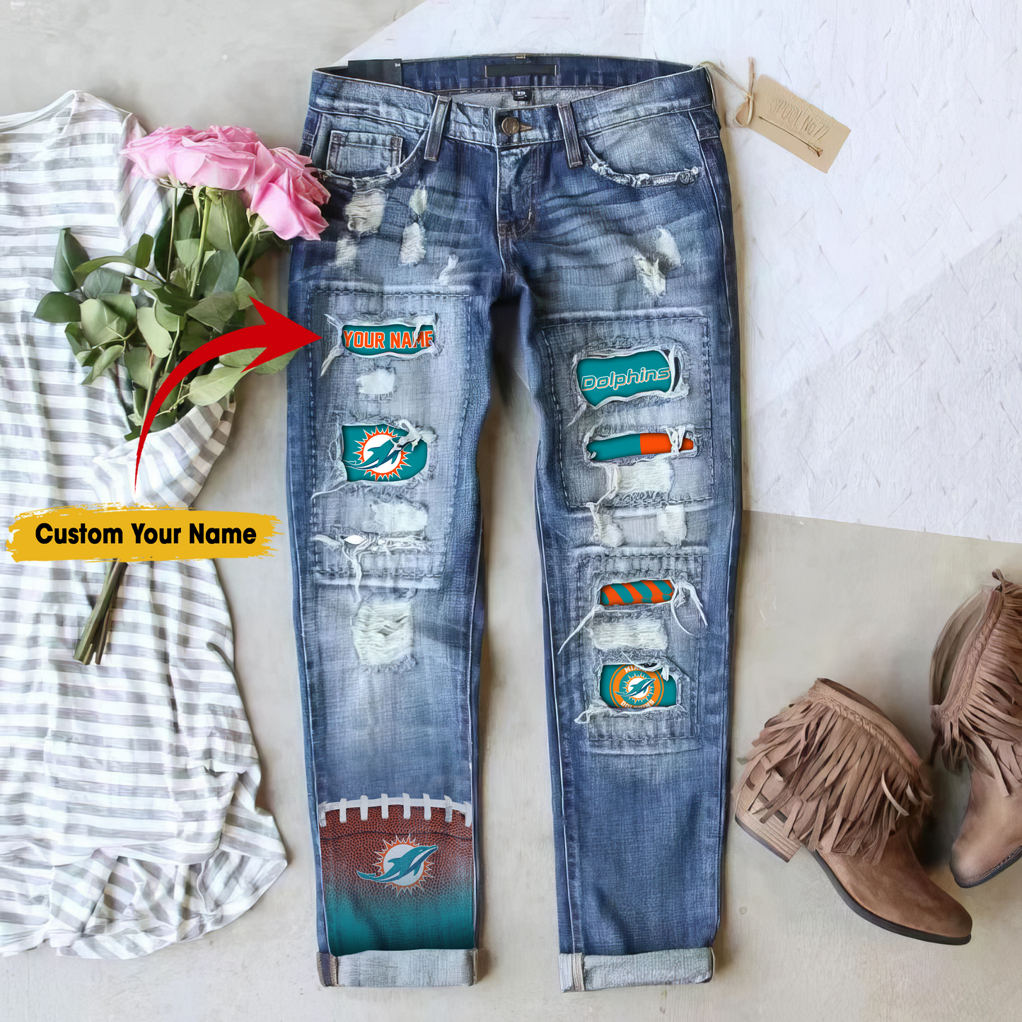 Miami Dolphins STRETCH RIPPED FRAYED RAW HEM DISTRESSED DENIM JEANS WITH HOLE