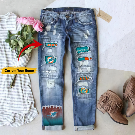 Miami Dolphins STRETCH RIPPED FRAYED RAW HEM DISTRESSED DENIM JEANS WITH HOLE