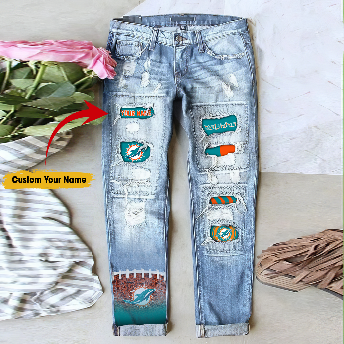 Miami Dolphins STRETCH RIPPED FRAYED RAW HEM DISTRESSED DENIM JEANS WITH HOLE
