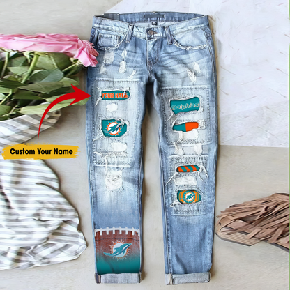 Miami Dolphins STRETCH RIPPED FRAYED RAW HEM DISTRESSED DENIM JEANS WITH HOLE