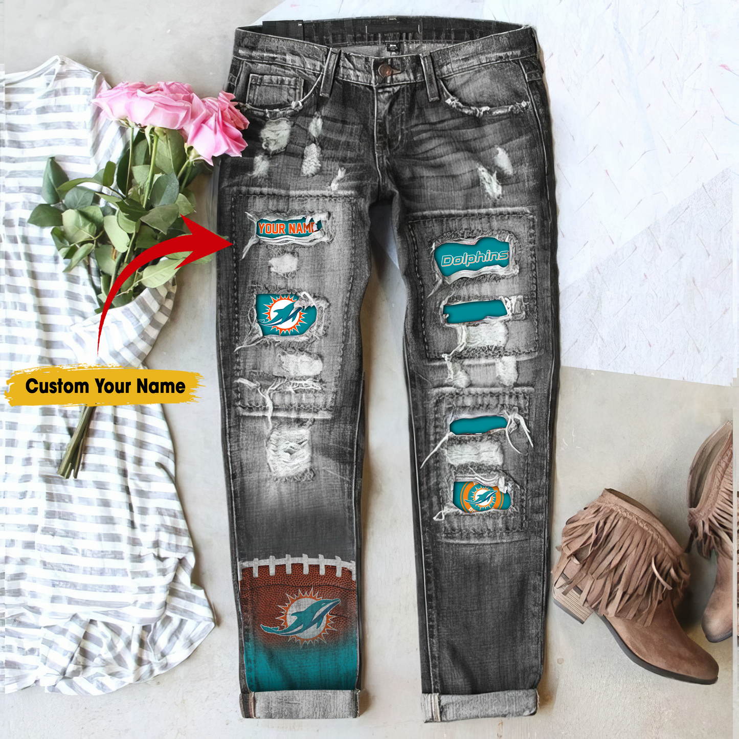 Miami Dolphins STRETCH RIPPED FRAYED RAW HEM DISTRESSED DENIM JEANS WITH HOLE