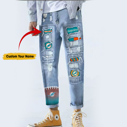 Miami Dolphins STRETCH RIPPED FRAYED RAW HEM DISTRESSED DENIM JEANS WITH HOLE