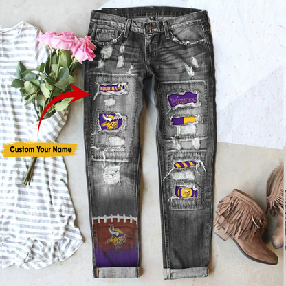 Minnesota Vikings STRETCH RIPPED FRAYED RAW HEM DISTRESSED DENIM JEANS WITH HOLE