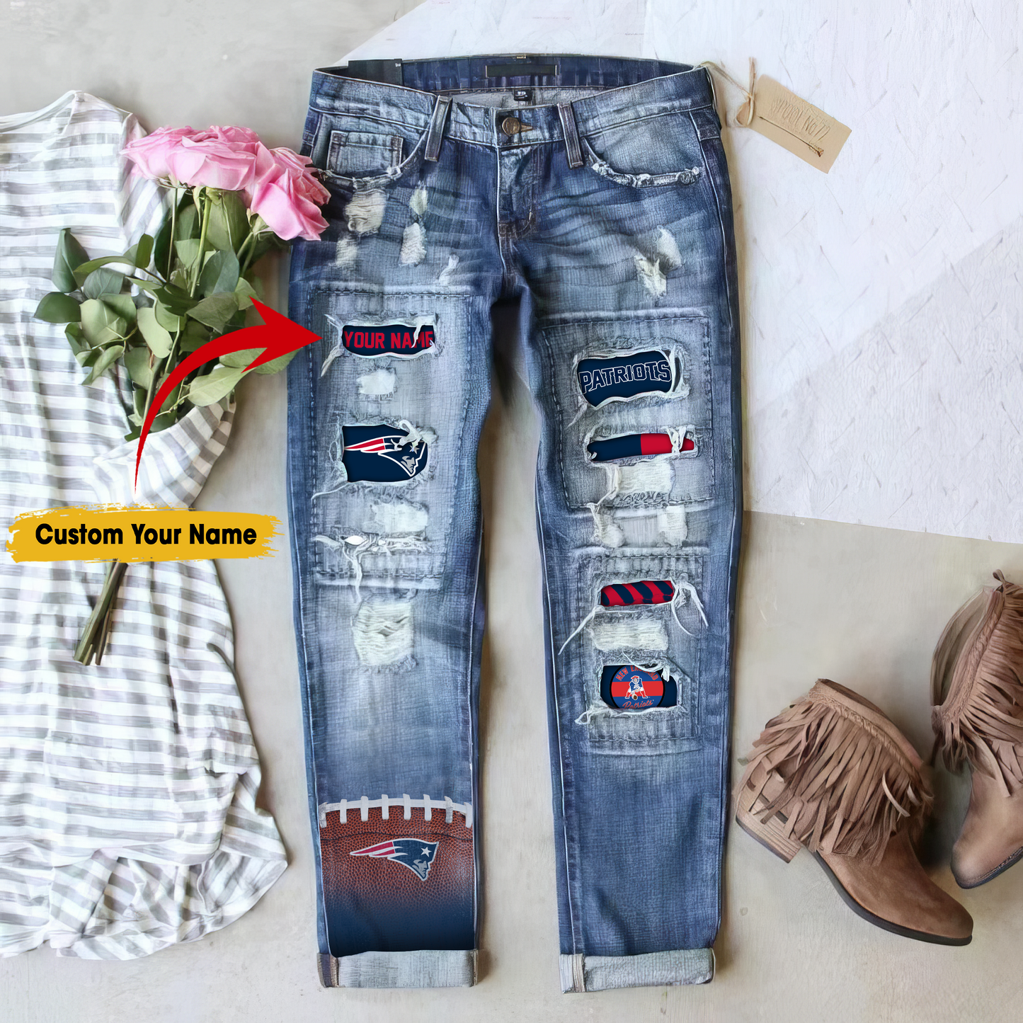 New England Patriots STRETCH RIPPED FRAYED RAW HEM DISTRESSED DENIM JEANS WITH HOLE