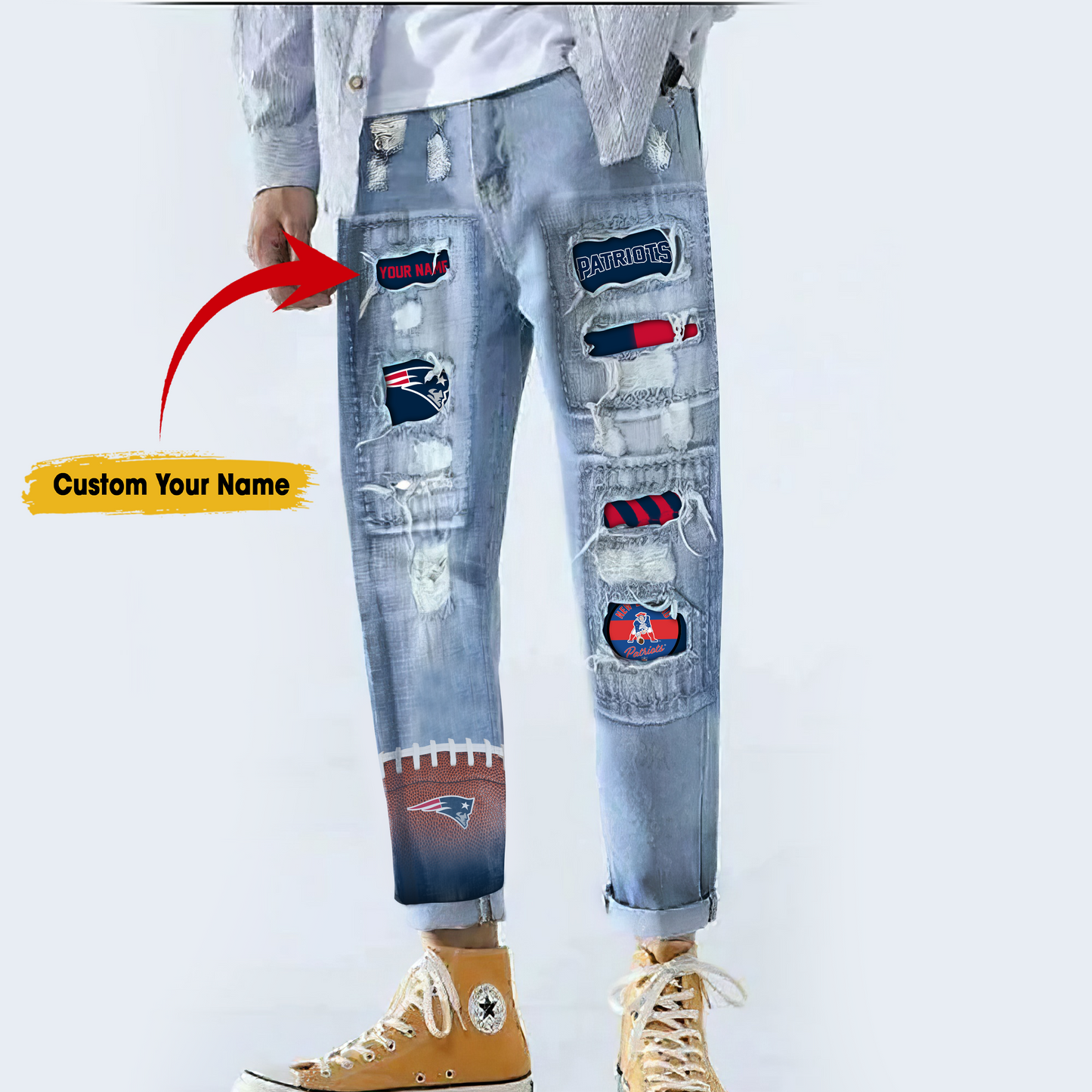 New England Patriots STRETCH RIPPED FRAYED RAW HEM DISTRESSED DENIM JEANS WITH HOLE