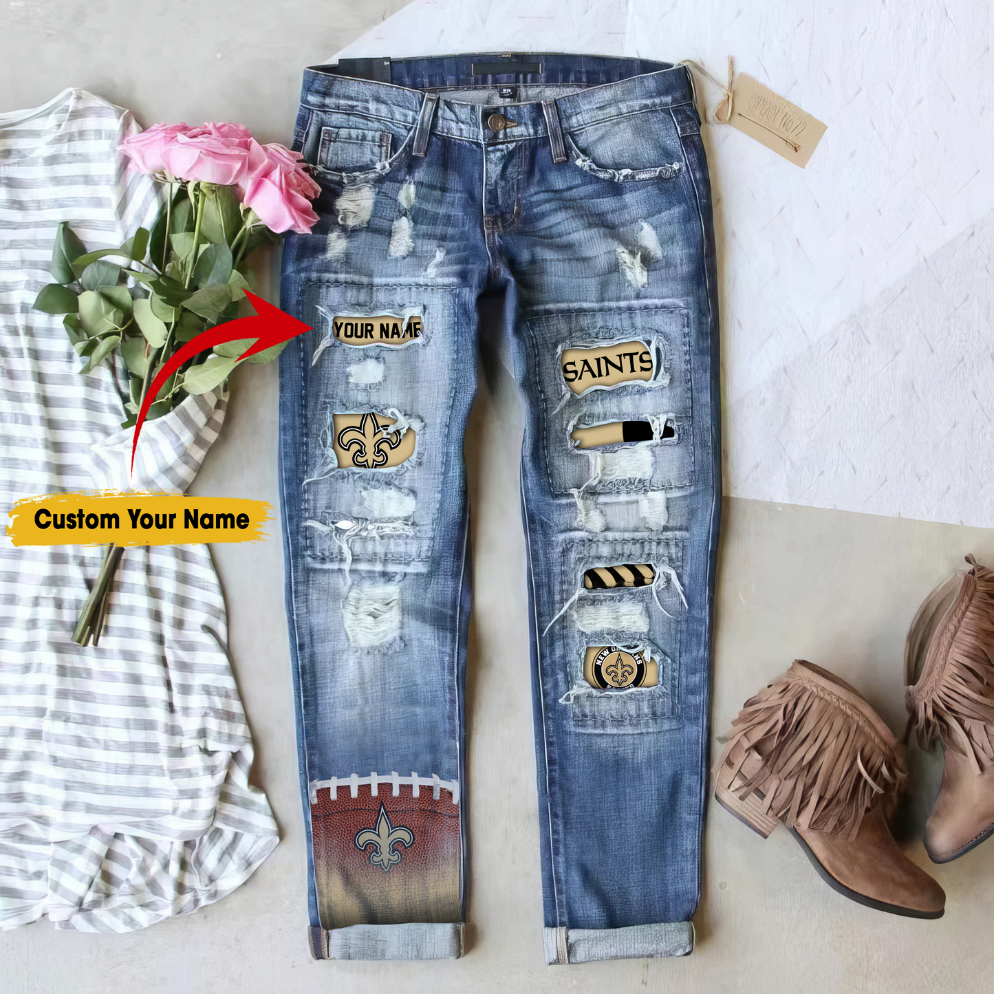 New Orleans Saints STRETCH RIPPED FRAYED RAW HEM DISTRESSED DENIM JEANS WITH HOLE