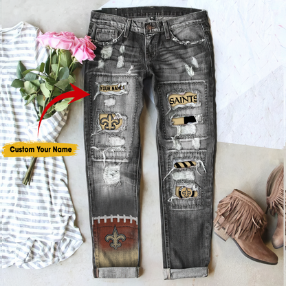 New Orleans Saints STRETCH RIPPED FRAYED RAW HEM DISTRESSED DENIM JEANS WITH HOLE