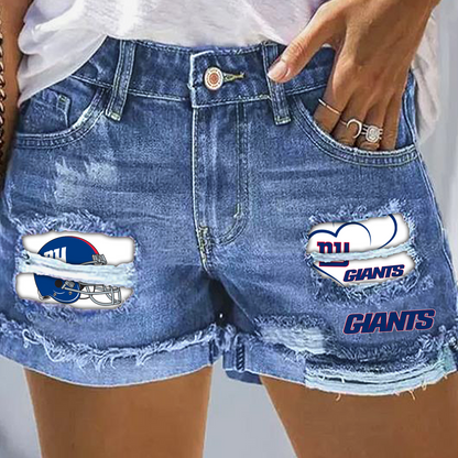 New York Giants Rip Print Fashion Denim Shorts