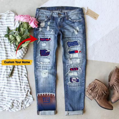 New York Giants STRETCH RIPPED FRAYED RAW HEM DISTRESSED DENIM JEANS WITH HOLE