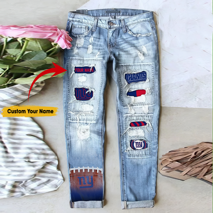 New York Giants STRETCH RIPPED FRAYED RAW HEM DISTRESSED DENIM JEANS WITH HOLE