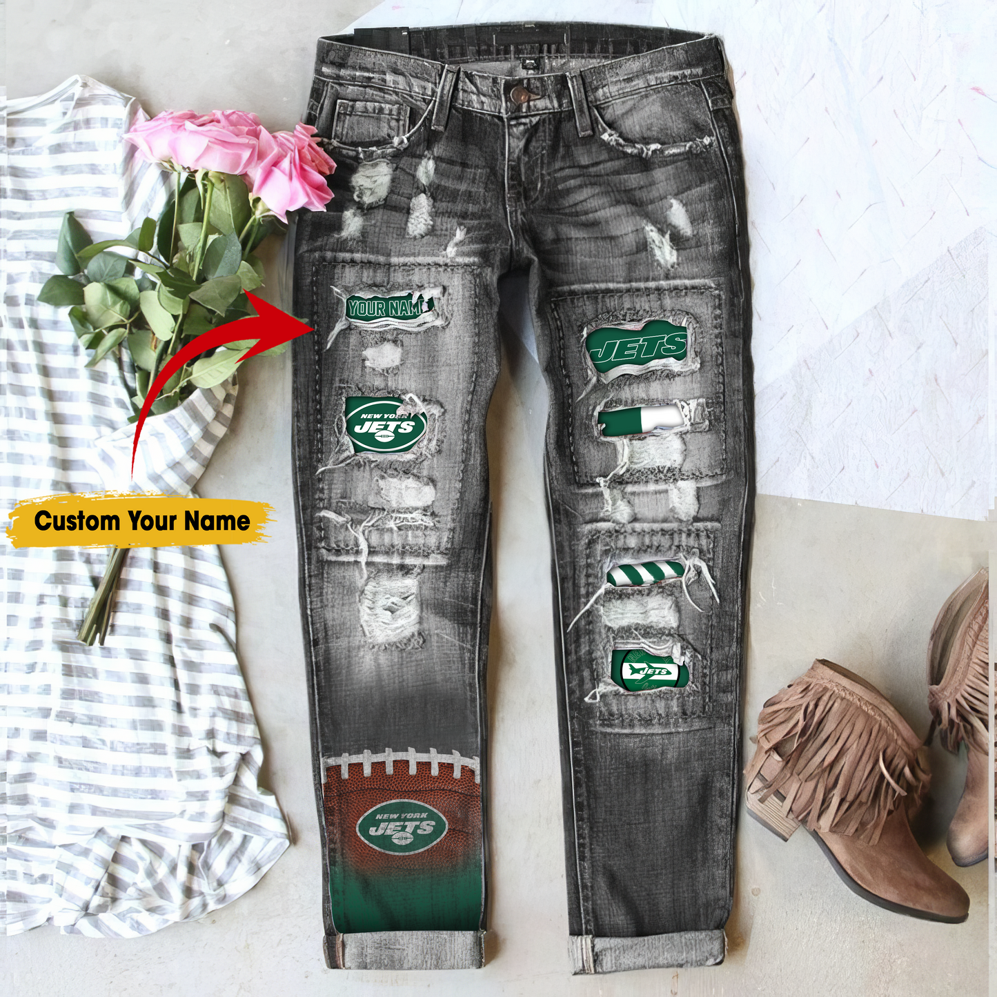 New York Jets STRETCH RIPPED FRAYED RAW HEM DISTRESSED DENIM JEANS WITH HOLE