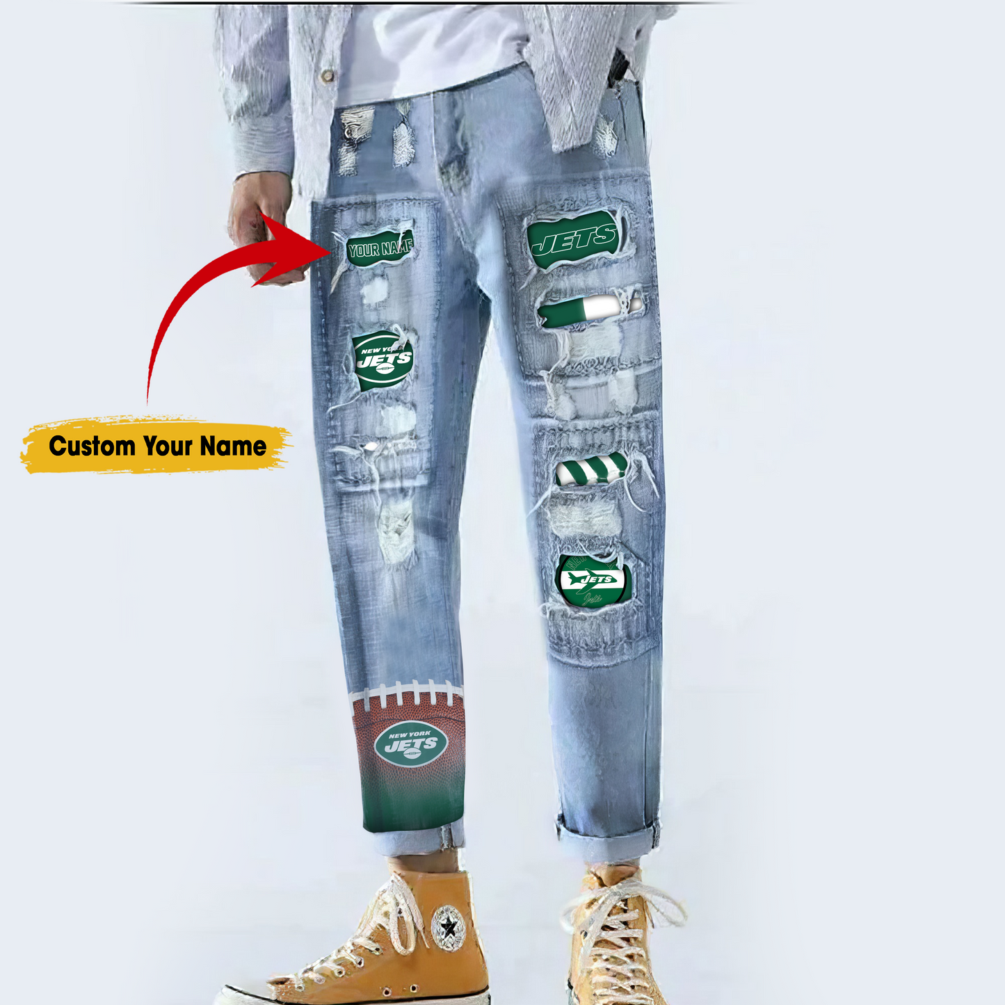 New York Jets STRETCH RIPPED FRAYED RAW HEM DISTRESSED DENIM JEANS WITH HOLE