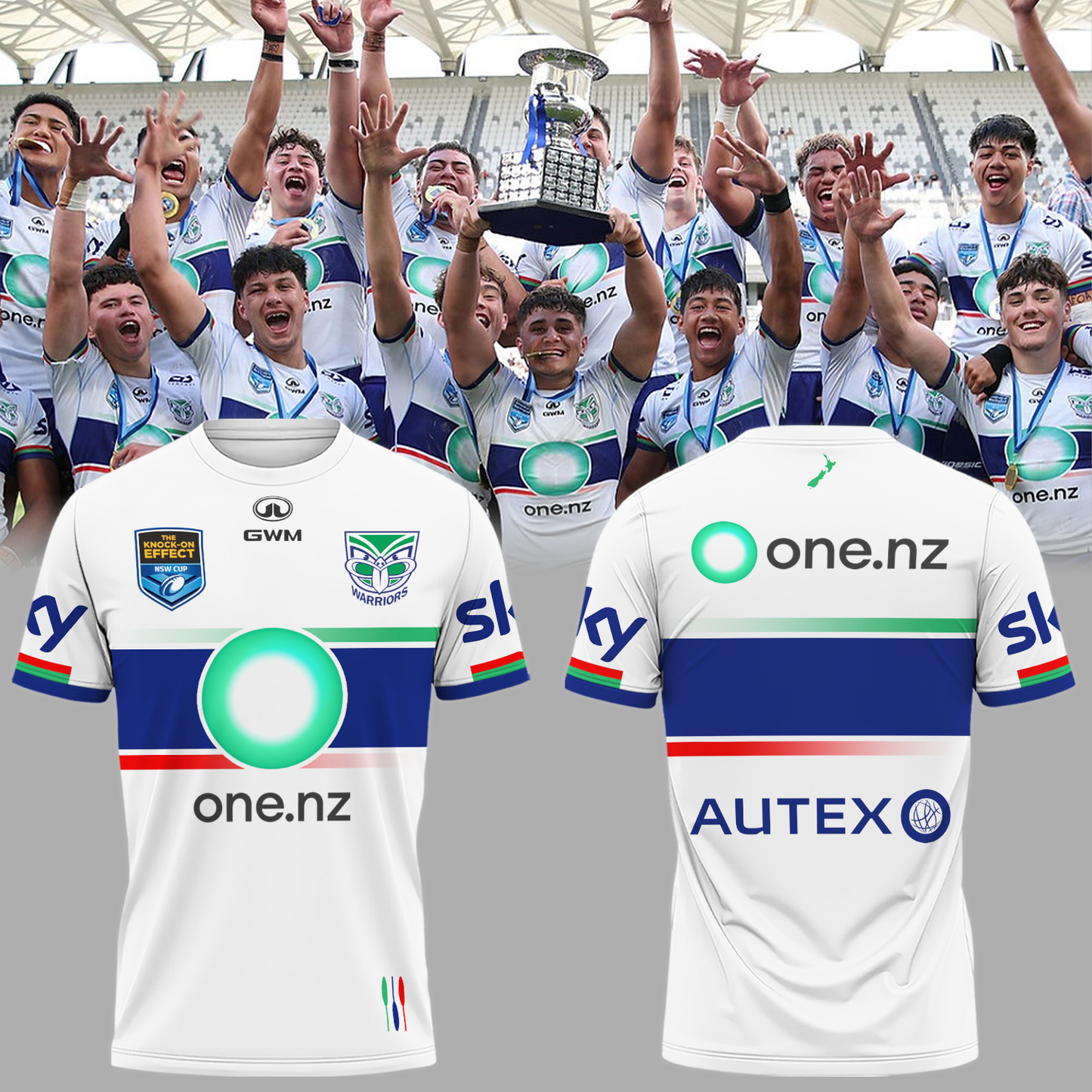 New Zealand Warriors Champions Back To Back UNE Harold Matthews Cup T-Shirt TM NTA V1