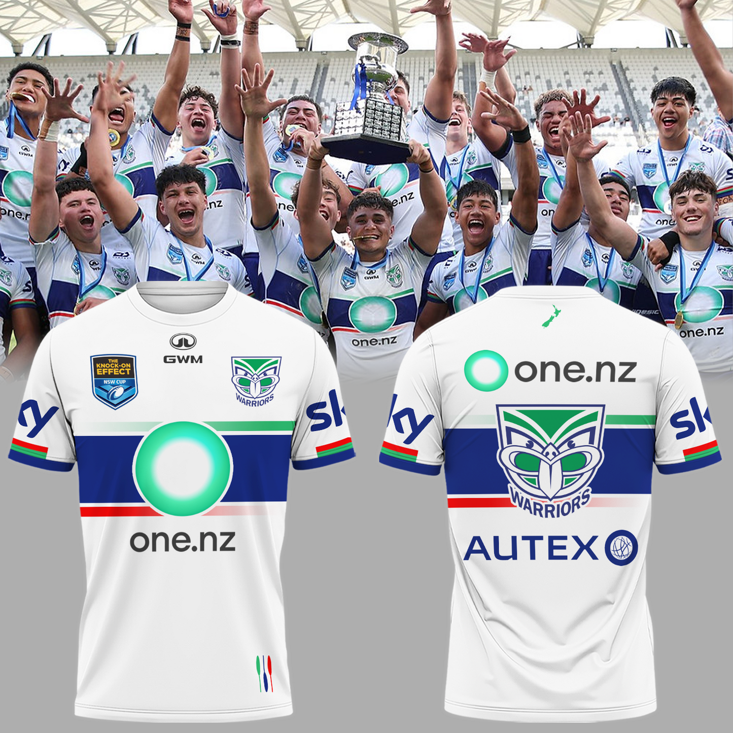 New Zealand Warriors Champions Back To Back UNE Harold Matthews Cup T-Shirt TM NTA V2