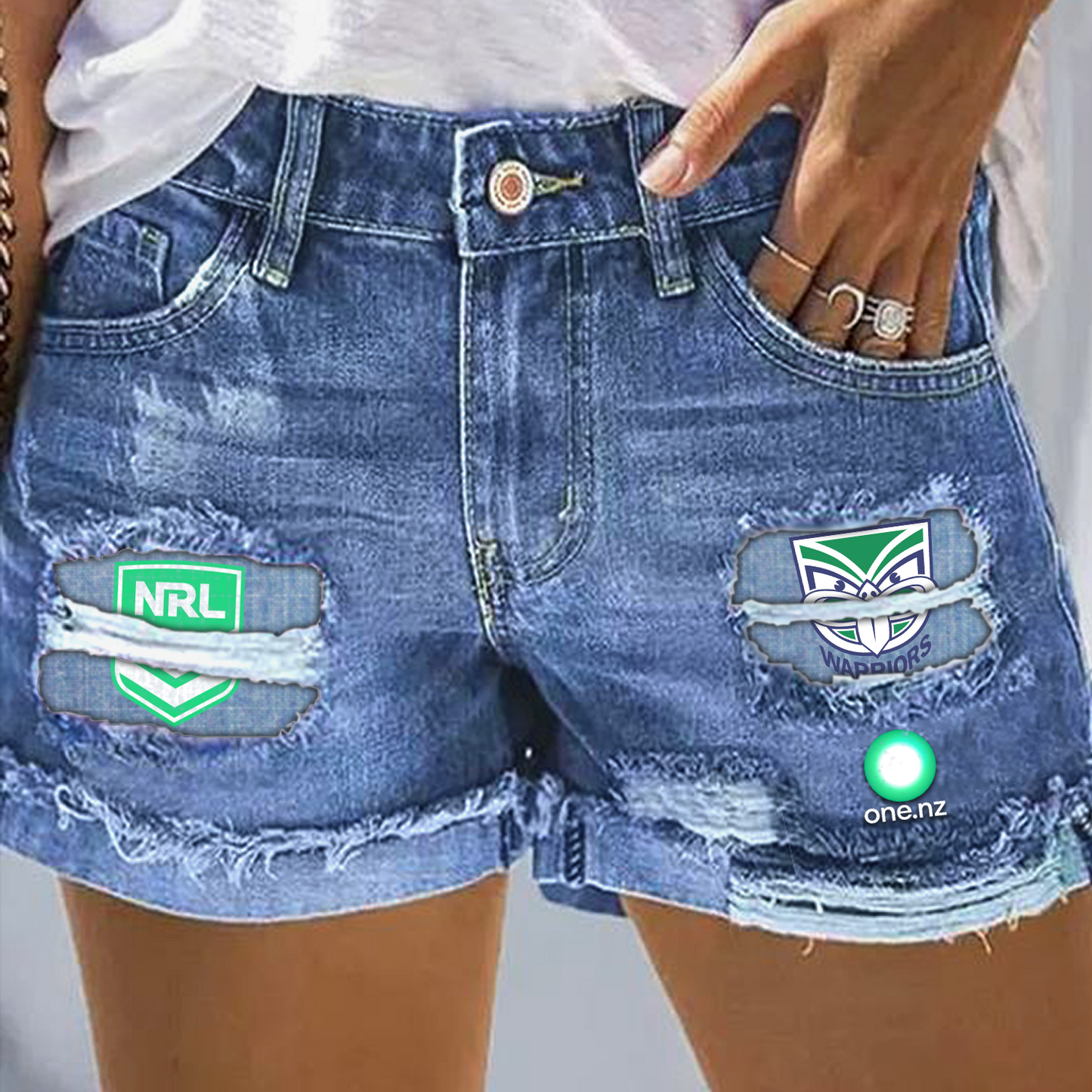 New Zealand Warriors NRL 2025 Print Fashion Denim Shorts TM V1