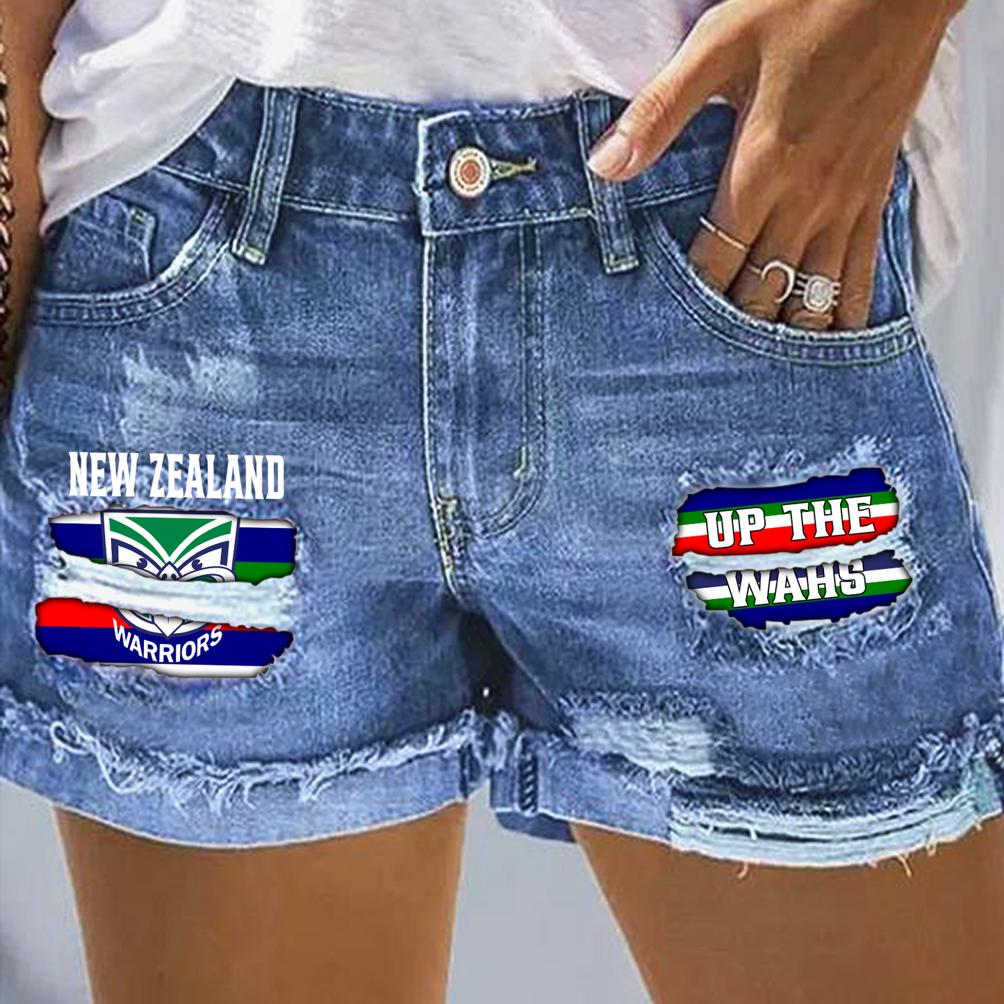 New Zealand Warriors NRL 2025 Rip Print Fashion Denim Shorts TM NTA V3