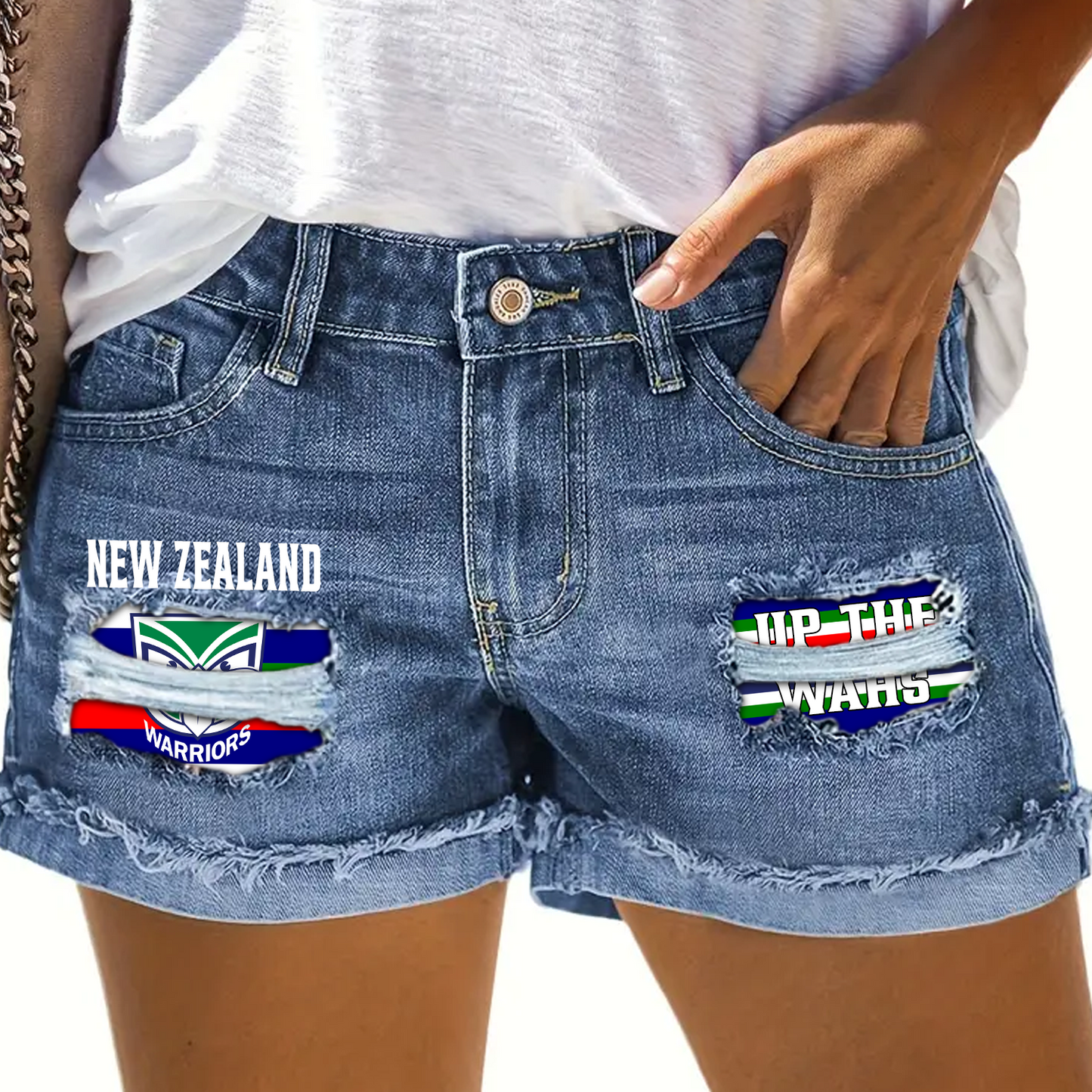 New Zealand Warriors NRL 2025 Rip Print Fashion Denim Shorts TM NTA V4