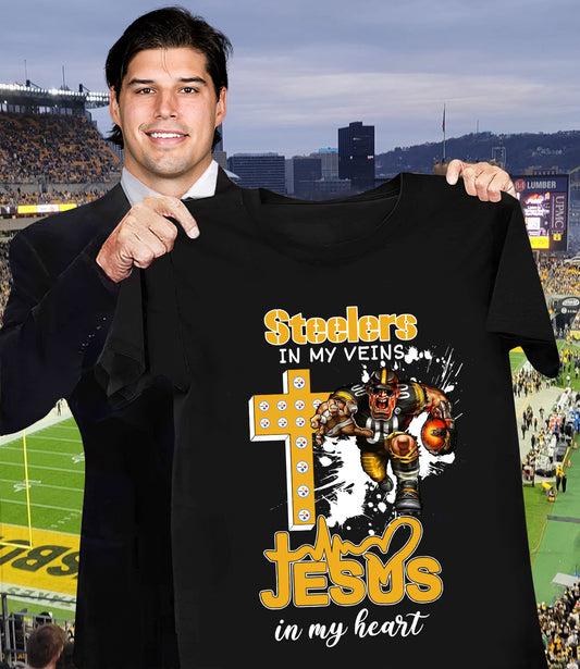 NFL Pittsburgh Steelers in my veins, Jesus in my heart Shirt