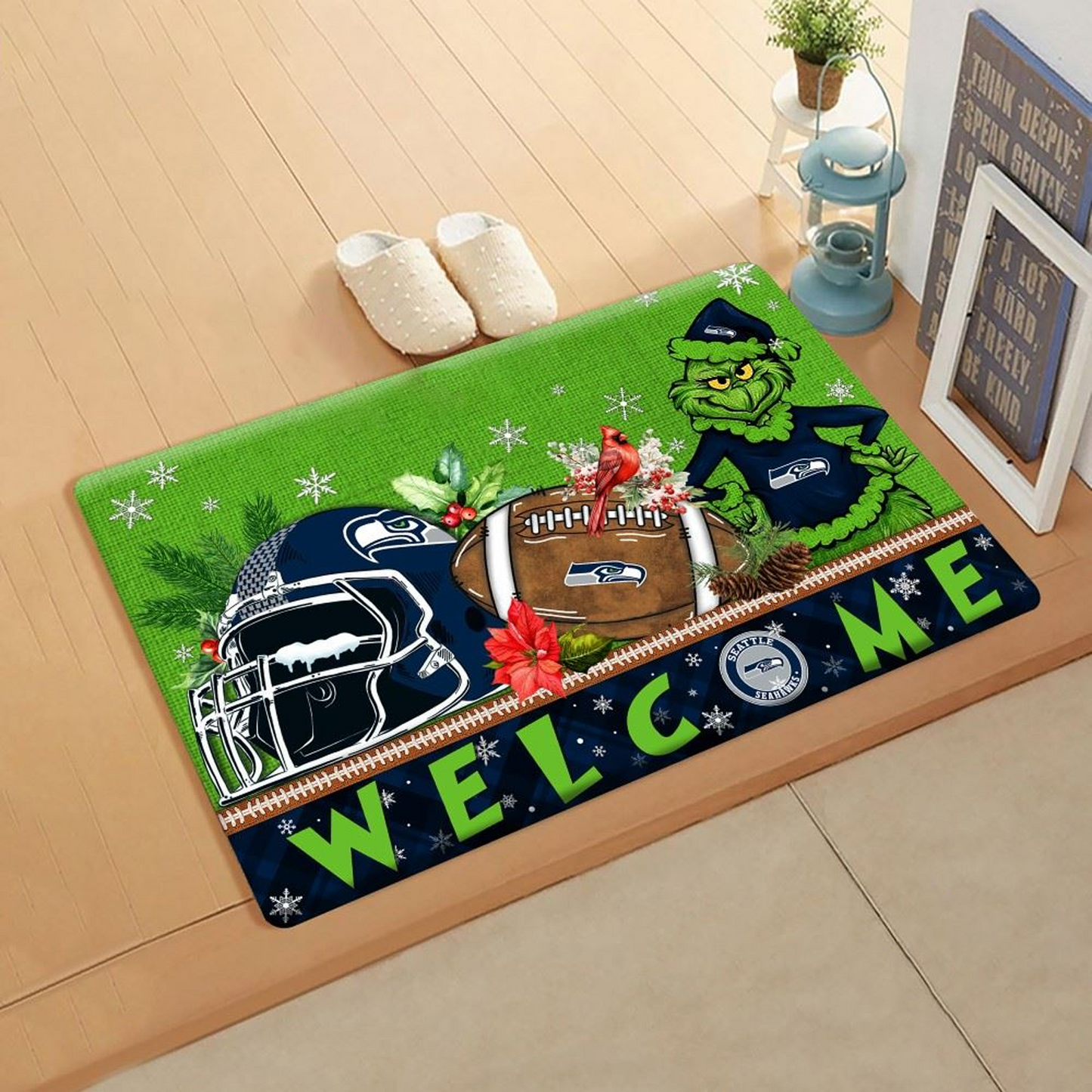 NFL x SEA Doormat Grinch Christmas Welcome FOOTBALL NDT TDT