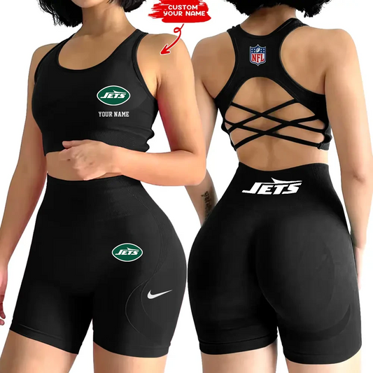 NYJ x NFL 2-PCS Women's Seamless Yoga Set Sexy Sport Bra High Waist Sports Shorts DATND TANTD